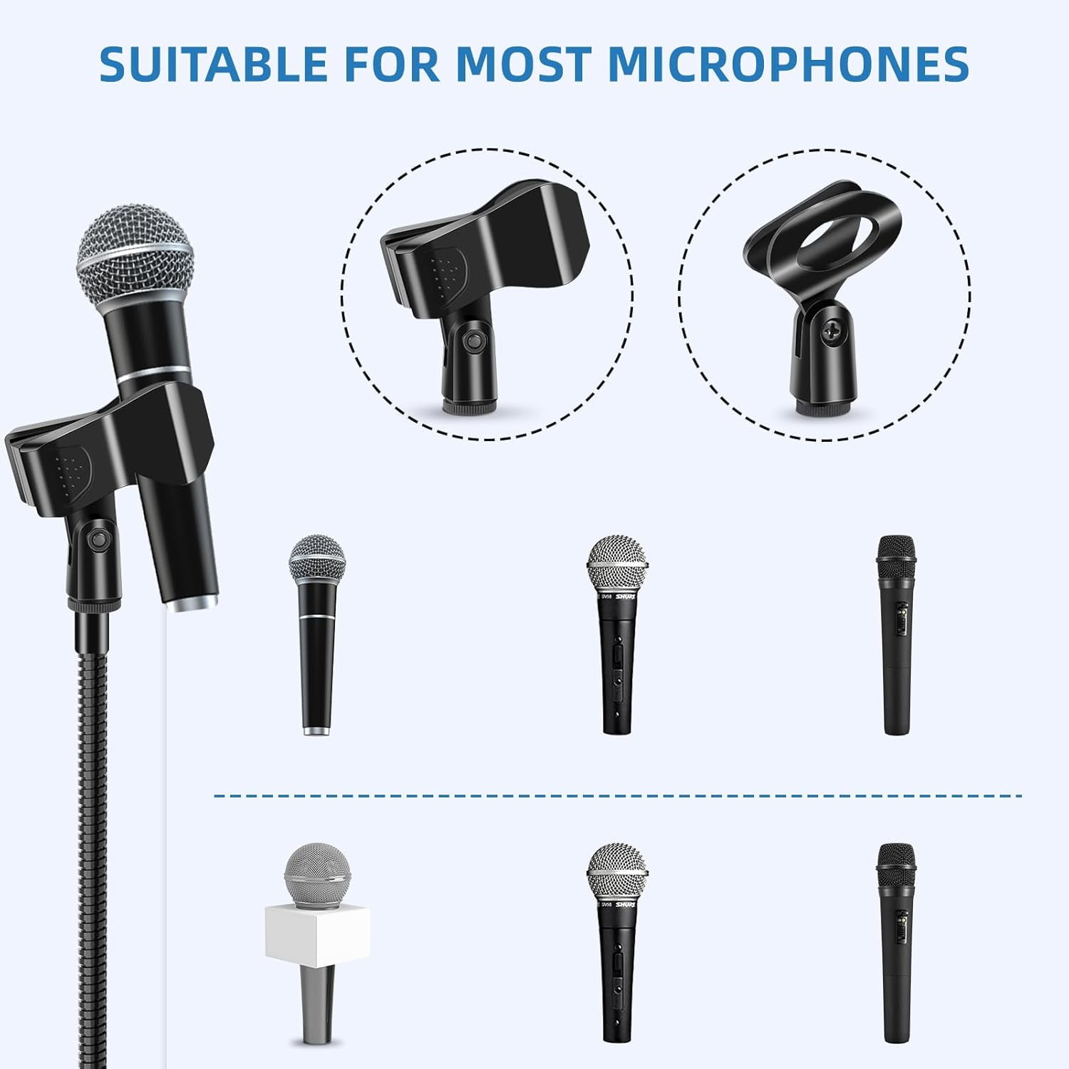 Four legged Hose Microphone floor stand Stand. from 24" to 67"Extendable Height with Adjustable Angle. Comes with a storage bag for easy carrying and 2 Mic Clips.for Singing Performance and Podcast