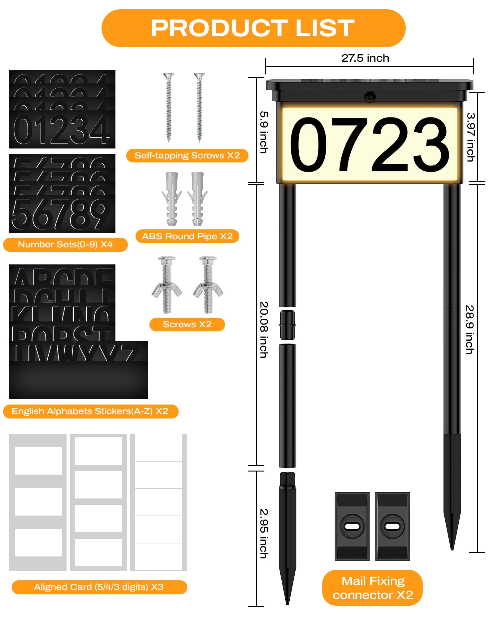 2 IN 1 Solar Address Sign 12 Color Changing Light LED Outdoor Yard Lighted House Numbers Waterproof Illuminated Address Plaque with Stakes 20 LEDs 2 Ways for Outside Street