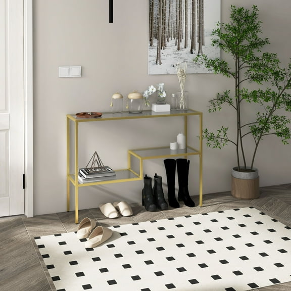 CRXX 39" Gold Console Table – Tempered Glass Sofa Table with Sturdy Steel Frame, Modern Entryway/ Living Room Accent Table for Display & Storage