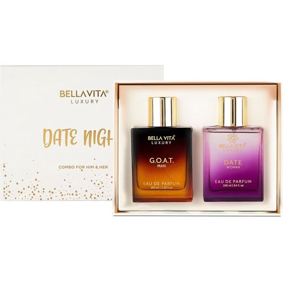 Bella Vita Luxury Ensemble de Parfum Soirée en Amoureux pour Lui et Elle, Lot de 2 Parfums EDP Longue Tenue de Qualité Supérieure – G.O.A.T Man, Date Woman, 100 ml Chacun
