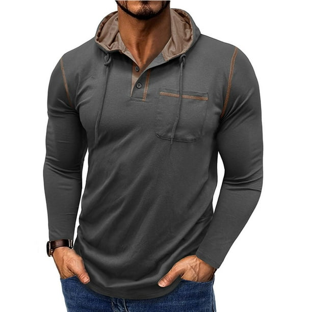 pstuiky camisa de manga larga para hombre, Suéter informal de color liso para hombre, cárdigan con botones, bolsillo, mangas largas y capucha tops de invierno para hombre l
