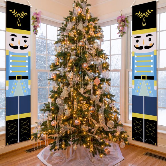 MISSUNNY Nutcracker Christmas Decorations, Nutcracker Porch Signs 11.8 x 70.8 in, Outdoor Nutcracker Banner Life Size Soldier Model Nutcracker Banners for Front Door Xmas Décor (Blue)
