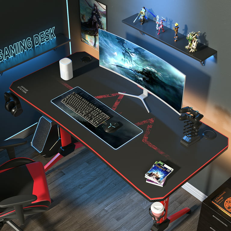 Homall 55 Inch Gaming Desk Y-Shaped PC Computer Gaming Office Desk with  Mouse Pad Home Office Study Carbon Fiber Surface Gamer Workstation With Cup