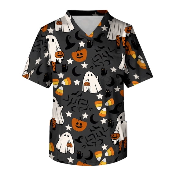 Halloween Mens V Neck Scrub Tops Pocketed Nursing Uniform Tees Fall Medical Staff Work Shirts Brown 5XL