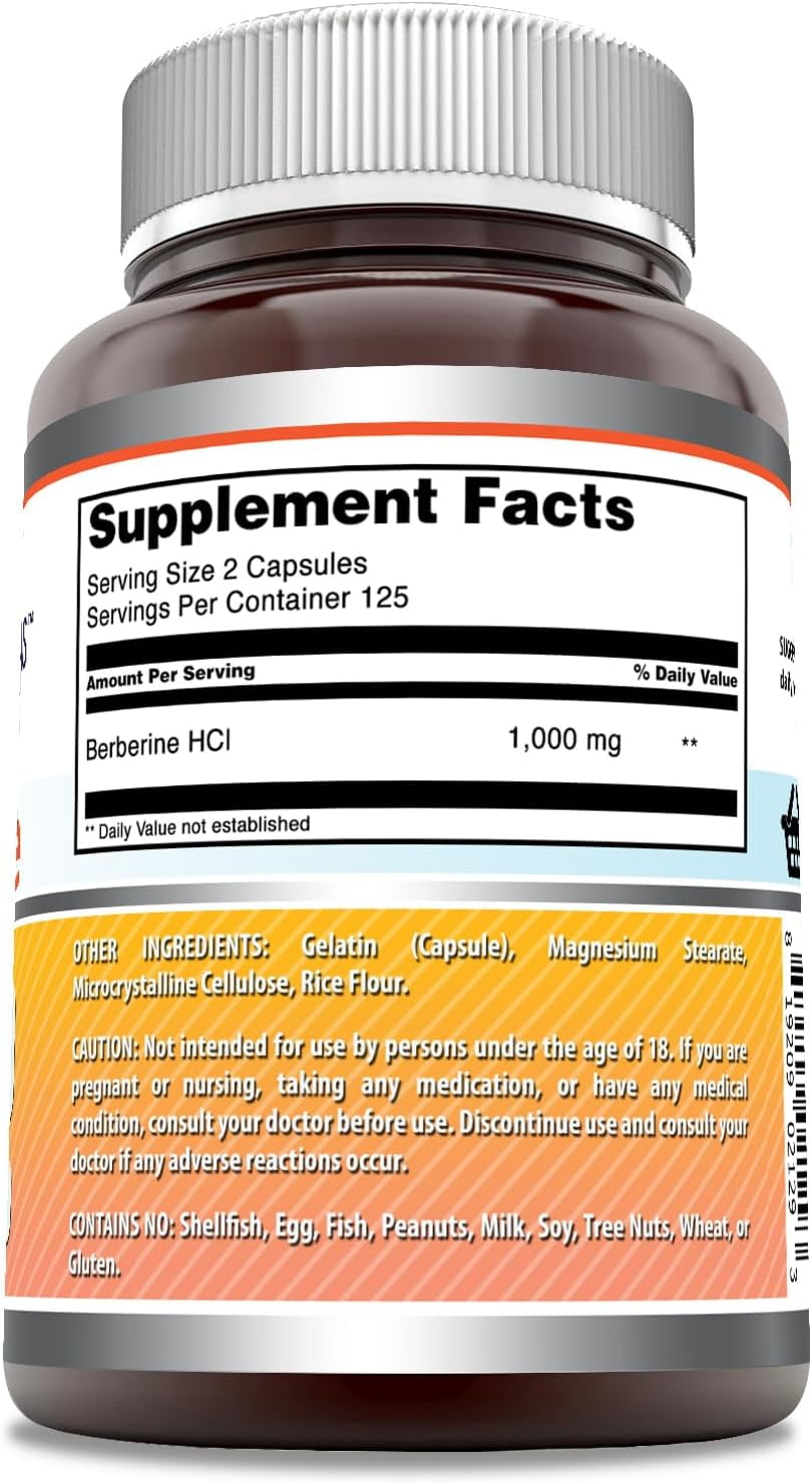 Amazing Formulas Berberine 1000mg Per Serving 250 Capsules Supplement | Non GMO | Gluten Free | Made in USA