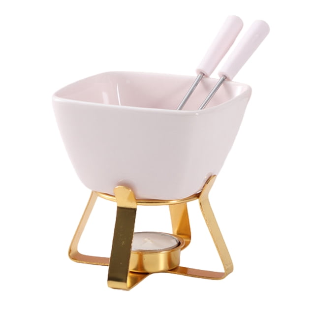 Naiovety Juego de fondue de cerámica para queso y chocolate. Incluye 1 taza y 2 tenedores. Base para fondue de chocolate. Juego de fondue de Cocina y Comedor Rosa+Oro