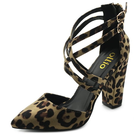

Ollio Women s Shoes Zip Up Pointed Toe Buckle Cross Ankle Straps Chunky Heel Pump H108