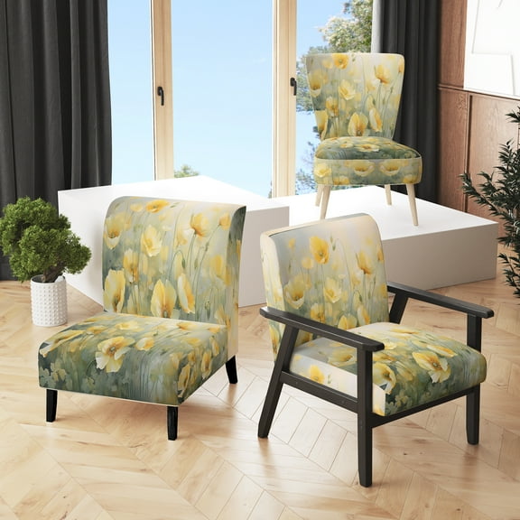 Designart "White Yellow Buttercups love expression II" White Floral Upholstered Accent Chair - Traditional Arm Chair For Living Room