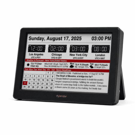 Kylendar 7 E-Ink Digital Desk Calendar with Weather and World Clock, Black