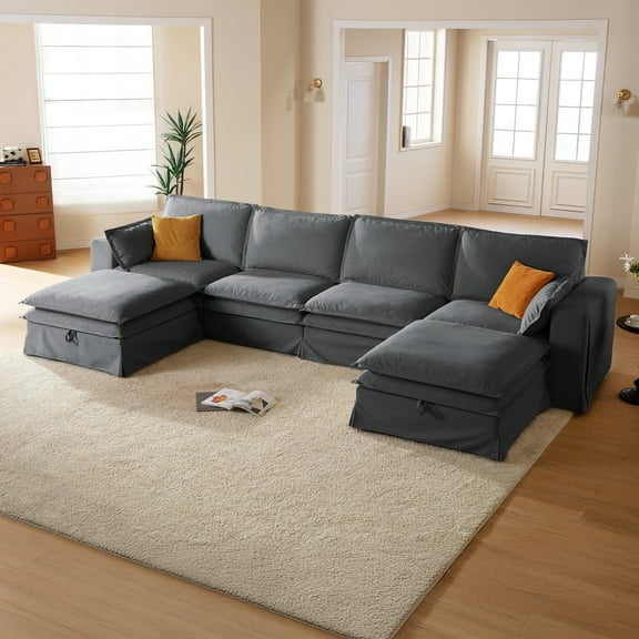 CHIC HOUSE 125.6" Modular U-Shaped Sofa Set with Storage Ottoman, Removable Washable Slipcover, Waterproof & Pet-Scratch-Resistant, Cloud Dual-Layer Cushions, 6-Seater Couch for Living Room, Gray