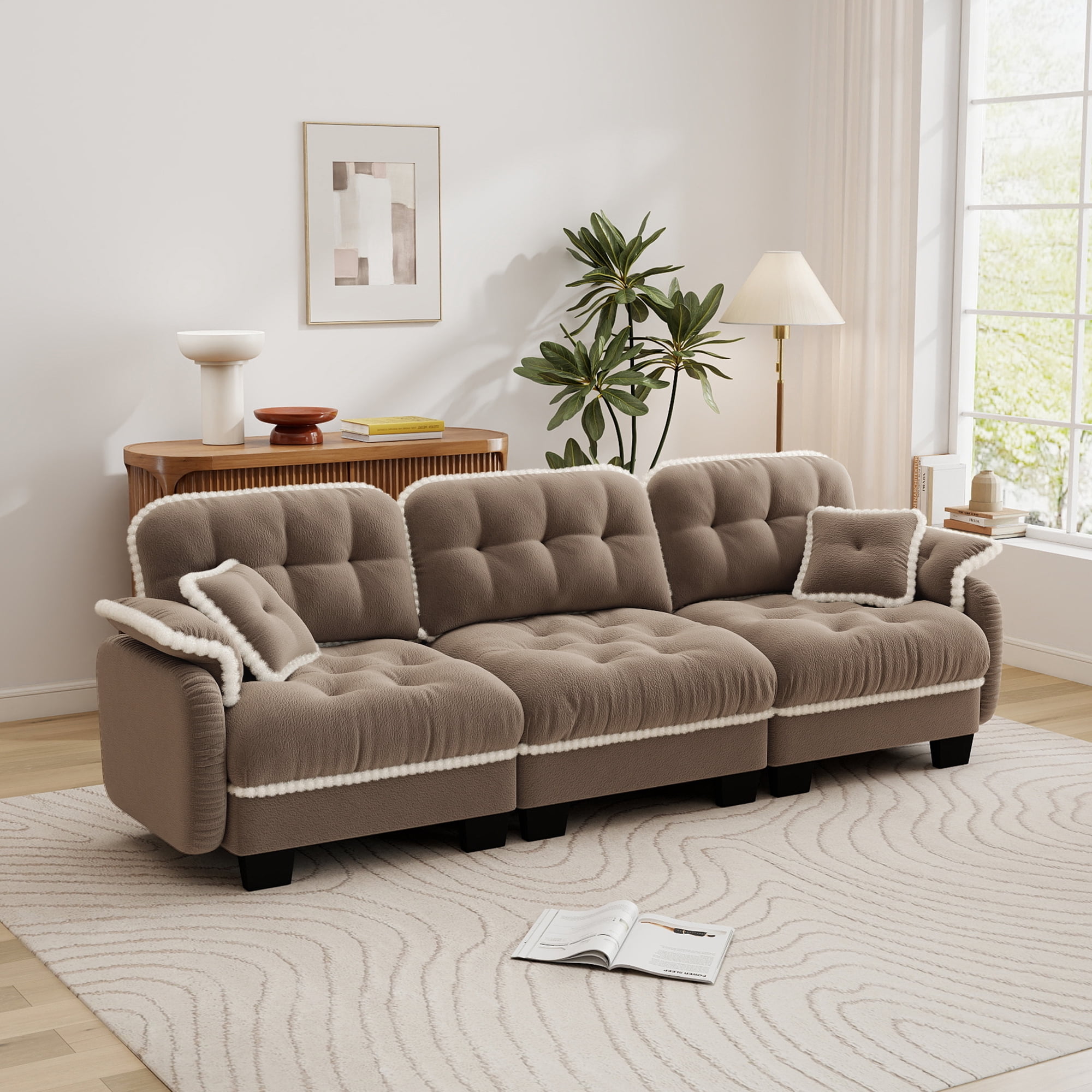 Aenkyo 100.7" Chenille Modular Sectional Sofa, 3-Seater with 23.8" Deep Seats, Camel