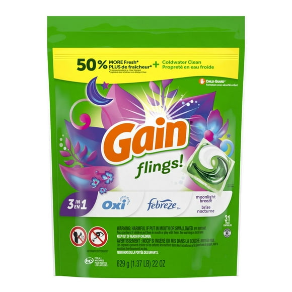 Gain flings Laundry Detergent Soap Pacs, HE Compatible, Long Lasting Scent, Moonlight Breeze, 31CT
