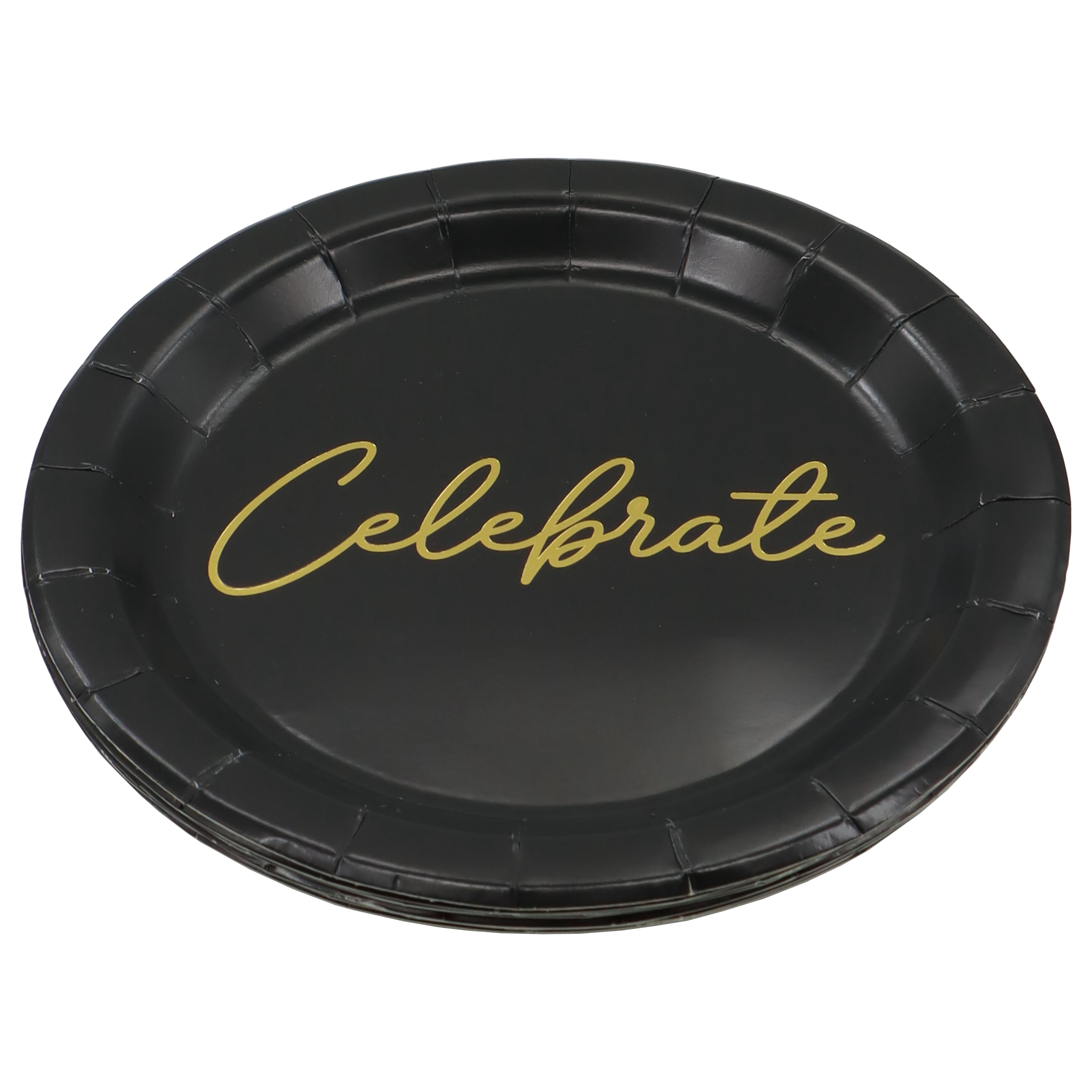 Celebrate It Celebrate Snack Plates, Gold Foil Script Decorative Paper Tableware, Black/Gold, 7", 12 Pack (96 Total)