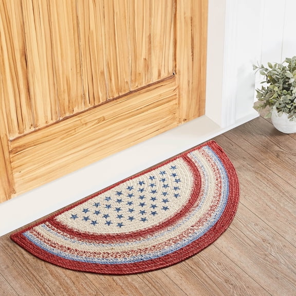 VHC Brands Celebration Braided Jute Rug, Non-Skid Pad, Half Circle Door Mat, Red Creme Blue, 16.5x33
