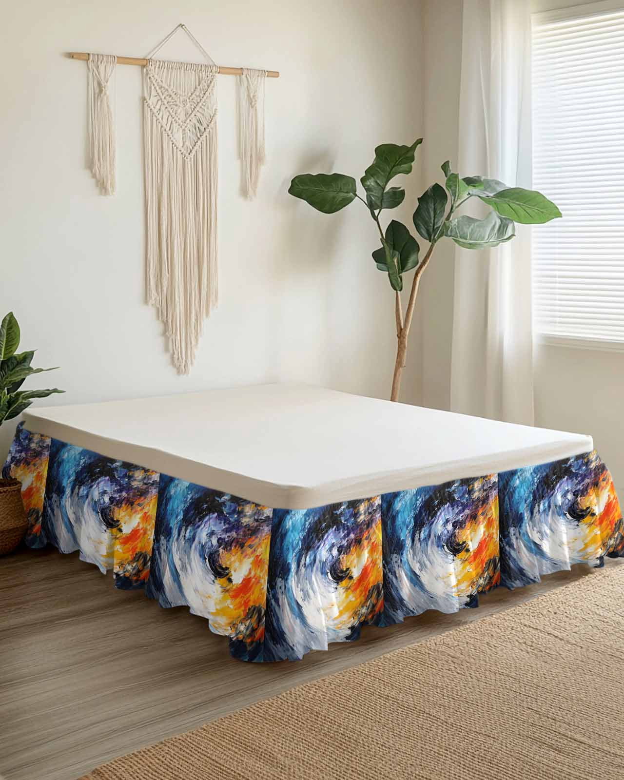 Oil Painting Wrap Around Bed Skirts for Queen Bed 16" Drop,Bed Skirt with Adjustable Elastic Belt Dust Ruffle Bed Valance for Bedroom Hotel Modern Abstract Colorful Smear Aesthetic Bed Frame Cover