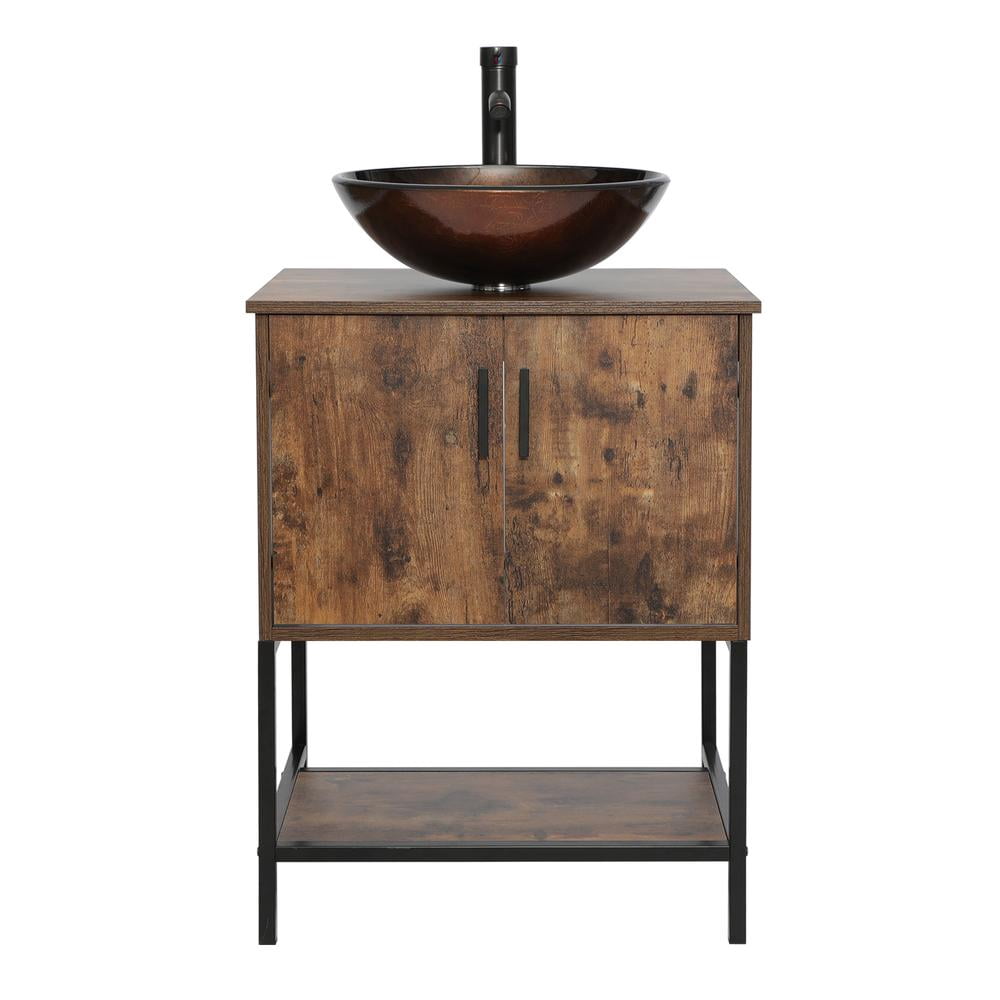 Eclife 24" Farmhouse Bathroom Vanity with Rustic Brown Top, Brown Glass Sink