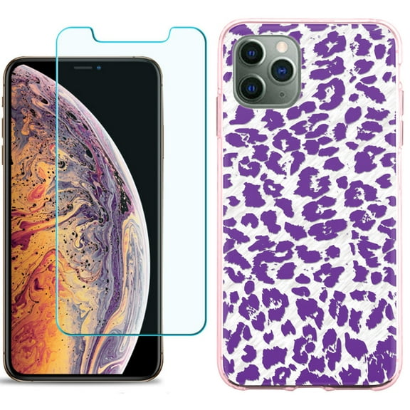 For Apple iPhone 11 PRO Case, Slim-Fit TPU Protective Phone Case (Pink Bezel) with Tempered Glass Screen Protector, by OneToughShield ® - Cheetah Purple