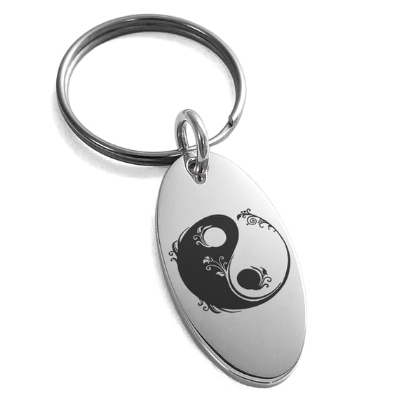 Stainless Steel Floral Yin Yang Engraved Small Oval Charm Keychain Keyring
