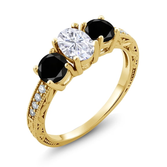 Gem Stone King 18K Yellow Gold Plated Silver Black Diamond Ring Set with Moissanite (2.12 Cttw) (Size 9)