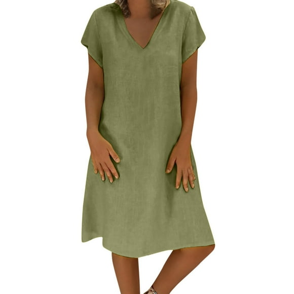 Womens Linen Dress, Plus Size Dress for Women Loose V-Neck Summer Solid Short Sleeve Cozy Cotton And Linen Dress