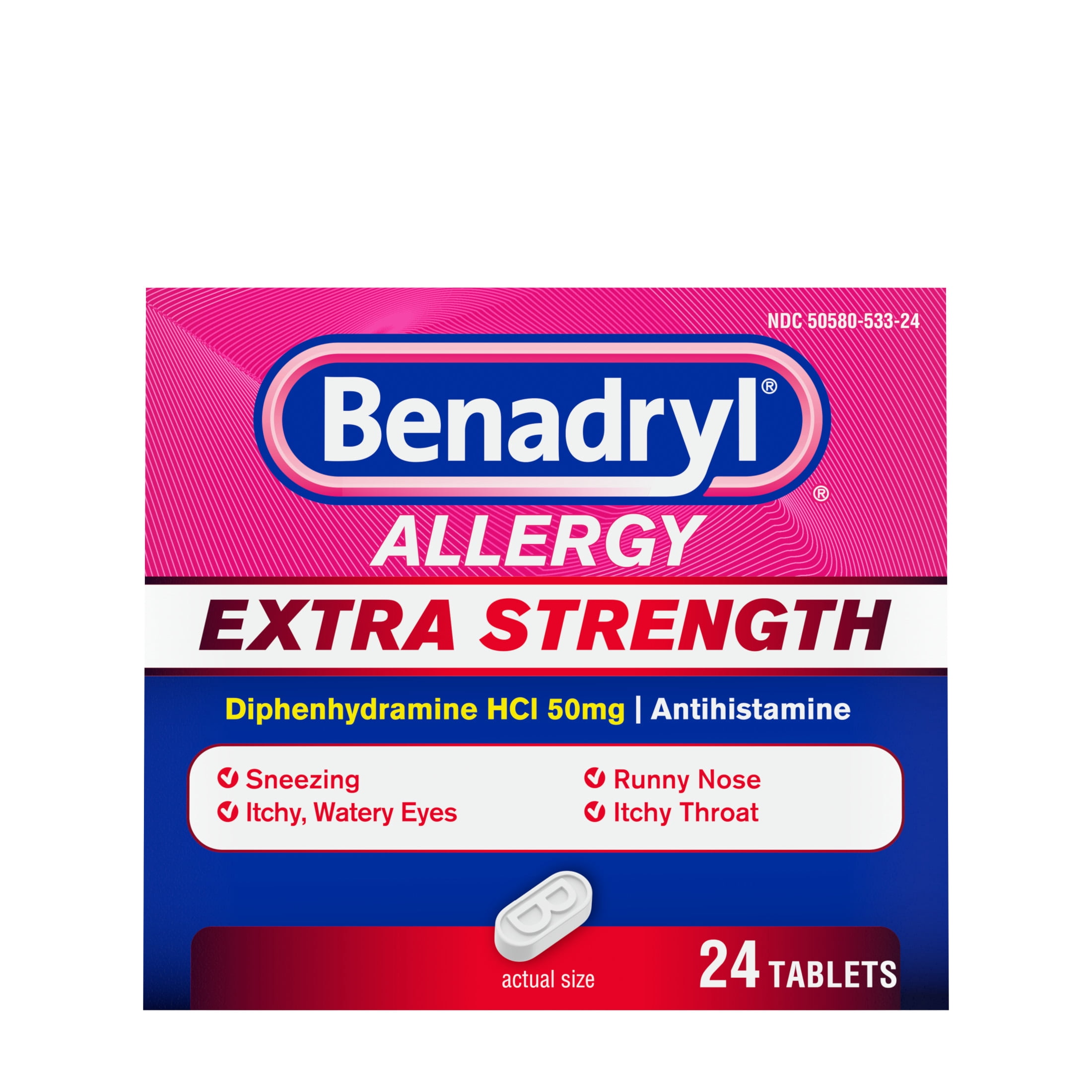 (2 pack) Benadryl Extra Strength Relief Allergy Tablets, 50 mg Diphenhydramine HCl, 24 Count