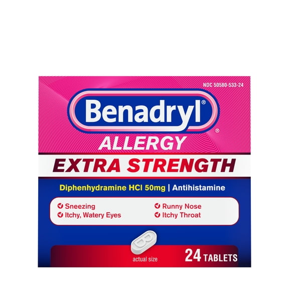 Benadryl Extra Strength Relief Allergy Tablets, 50 mg Diphenhydramine HCl, 24 Count