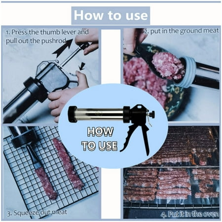 

Large Capacity Sausage Stuffer Machine Aluminum Alloy Jerky Gun with 2 Different Stuffing Nozzles for Meat Sticks Flat Strips