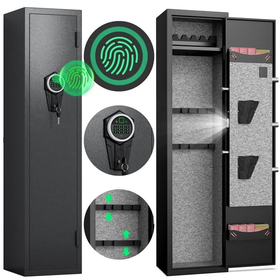 5-6 Large Gun Safe for Pistols, Quick Access Gun Safe with Silent Mode and Alarm System, Gun Cabinet with Removable Shelf and 3 Adjustable Gun Slots
