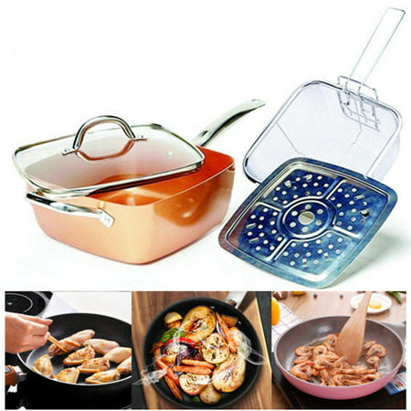 Set 4 Piece Copper Square Pan Induction For Chef Glass Lid Fry Basket Steam