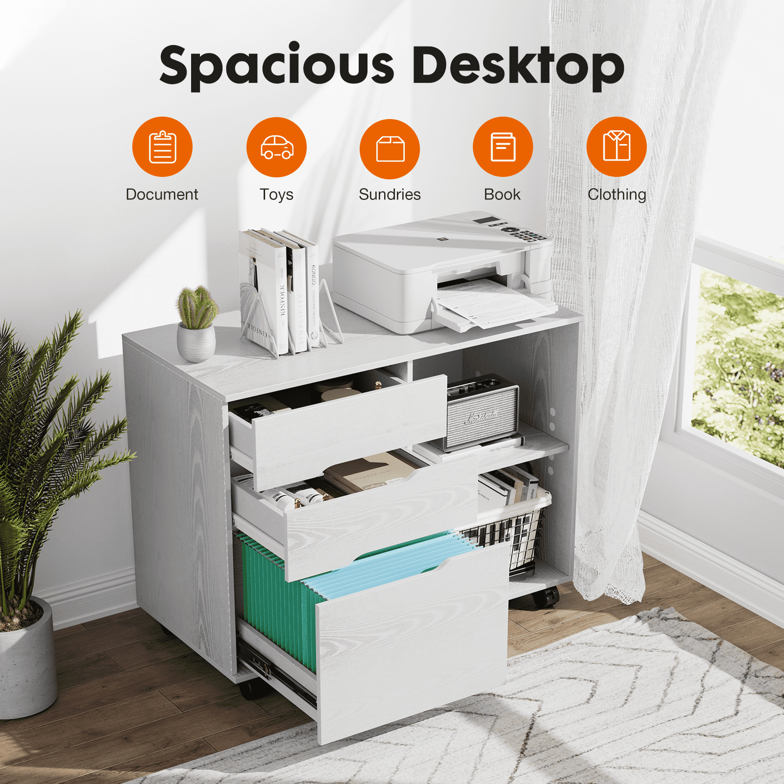 MAYEERTY 3-Drawer Mobile File Cabinet Rolling Filing Cabinet for Home Office Study Room, White