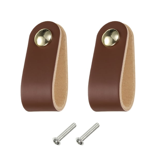 Uxcell 2 Paquetes Tiradores de Cajón de Cuero con Tornillos para Cajones, Marrón/Dorado