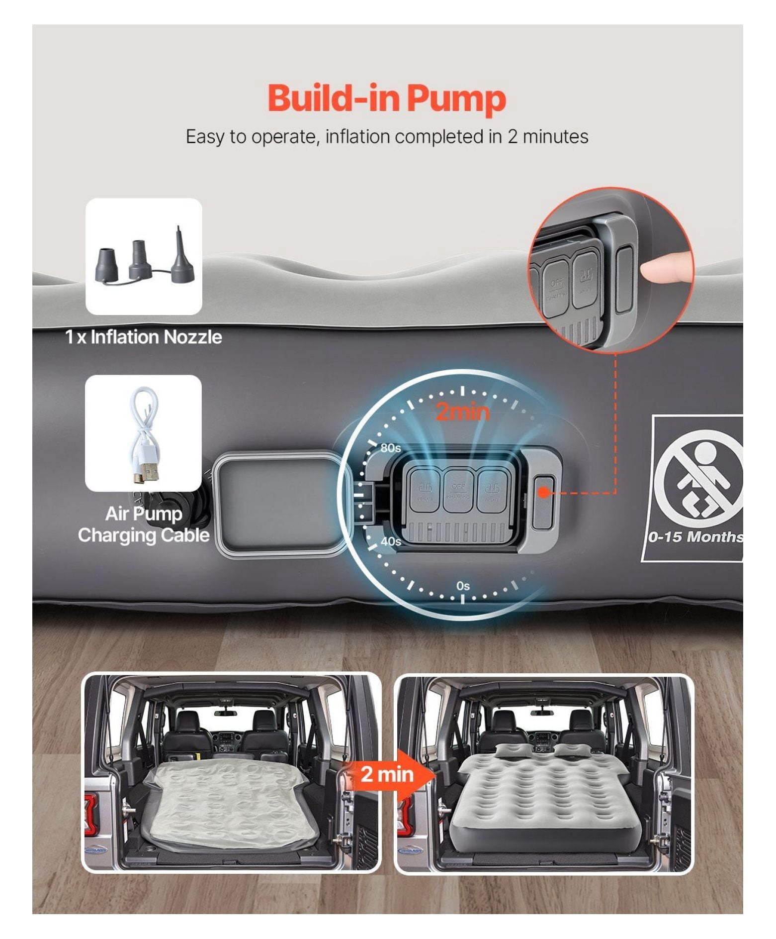 Car Air Mattress, Inflatable Camping Bed with Pump - Toyota 4Runner & Jeep Wrangler Fit - Travel Sleeping Pad