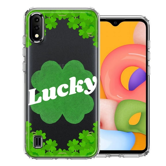 MUNDAZE for Samsung Galaxy A01 Lucky St Patrick's Day Shamrock Green Clovers Double Layer Phone Case Cover