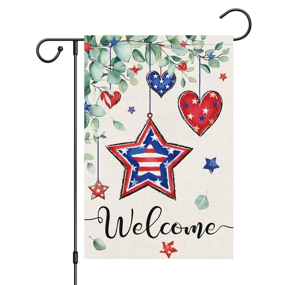 VOCHIC 4th of July Garden Flag 12x18 Double Sided, Small Burlap Welcome Patriotic Stars Love Heart Garden Yard House Flags for Independence Day Outdoor Decor (Only Flag)