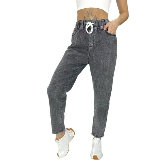 WTOBBY Women's Casual Solid Color Jeans, Loose Fit Fashion Jeans with Comfortable Stretch Material, Perfect for Everyday Wear and Casual Occasions,Dark Gray L