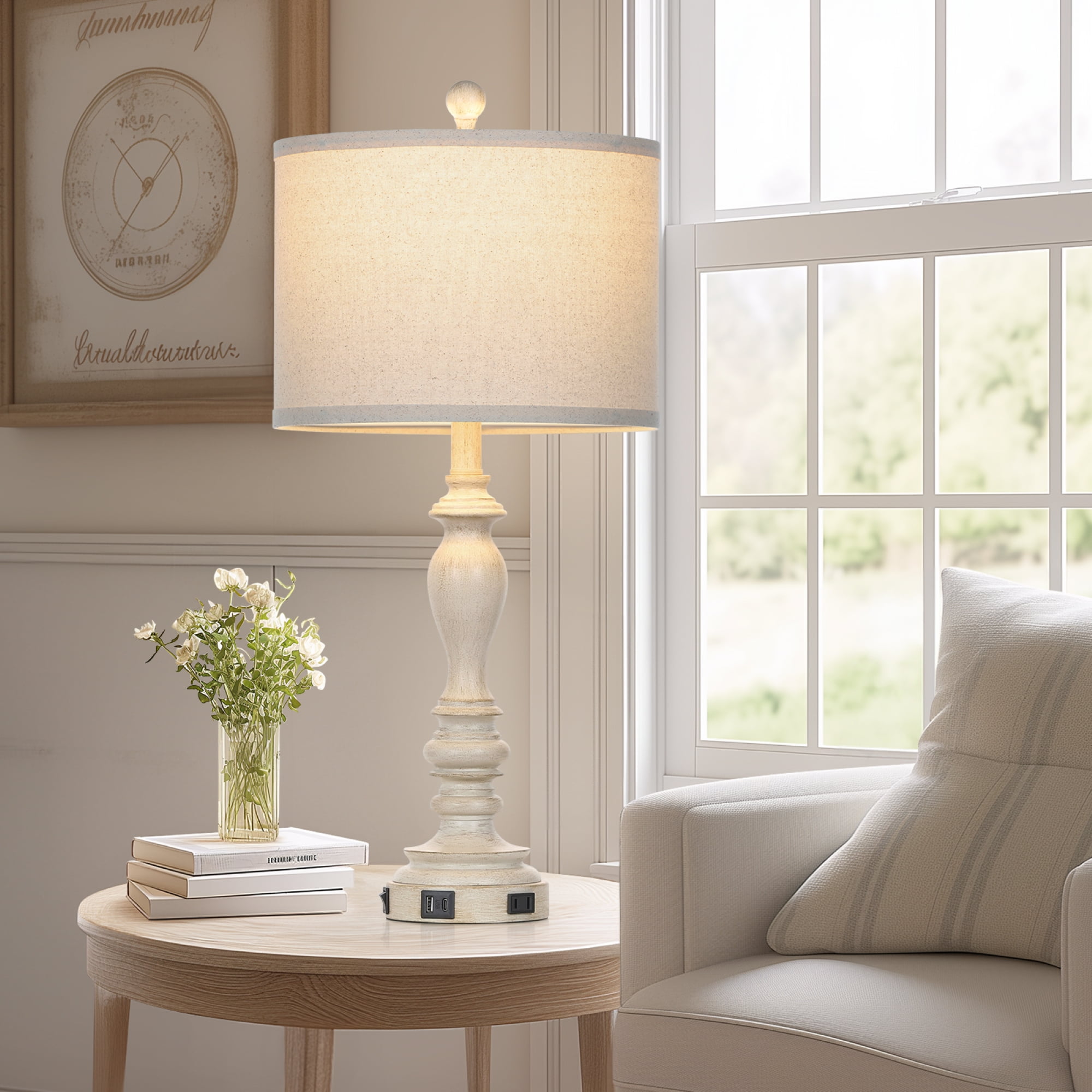 Cinkeda Farmhouse Resin Table Lamp Set of 2 with USB A+C Ports AC Outlet for Bedroom Living Room 27.5" Rustic Bedside Nightstand Lamps