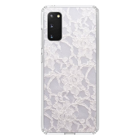 DistinctInk Clear Shockproof Hybrid Case for Galaxy S20 / S20 5G (6.2" Screen) - TPU Bumper, Acrylic Back, Tempered Glass Screen Protector - White Lace Wedding