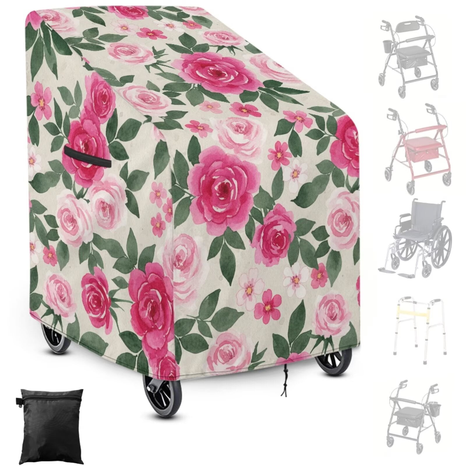 ZIATUBLES Rollator Walker Cover, All-Weather Protection from Dust Dirt Rain UV, Pink Flower Print Mobility Walker Cover for HomeTravel, Windproof Rollator Accessory with Storage Pouch