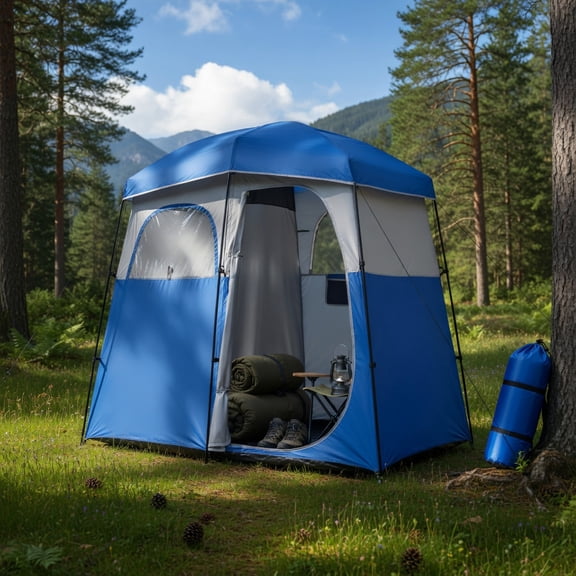 Topcobe Double-Room Camping Toilet Tent with Floor and Portable Storage Bag, Easy Set Up Camping Tents Shelter, Blue