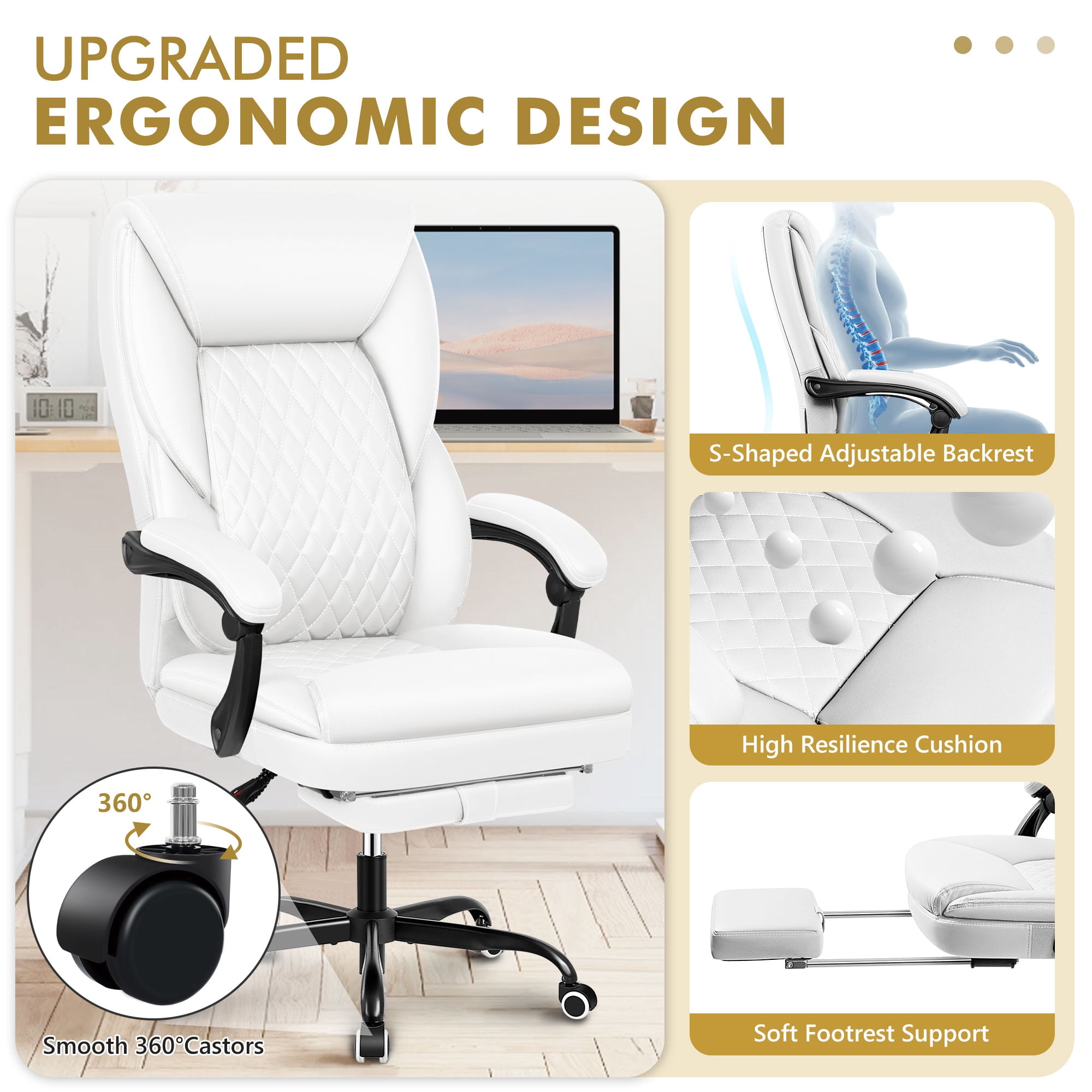 Primy Office Chair with Retractable Footrest, Ergonomic High Back Executive Computer Desk Chair, Big & Tall PU Leather Reclining Chair for Home Office Work