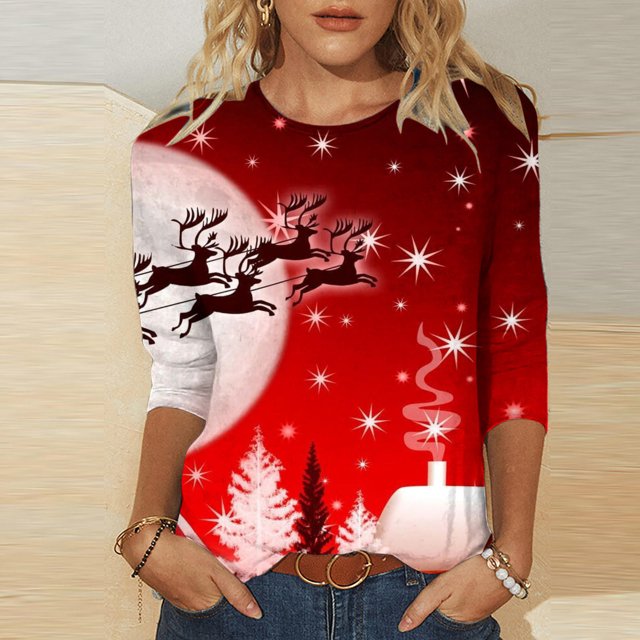 Pntutb Moda Mujer Chriatmas Impreso Camiseta 3/4 Mangas Blusa Cuello Redondo Casual tops Pntutb Pntutb-4003