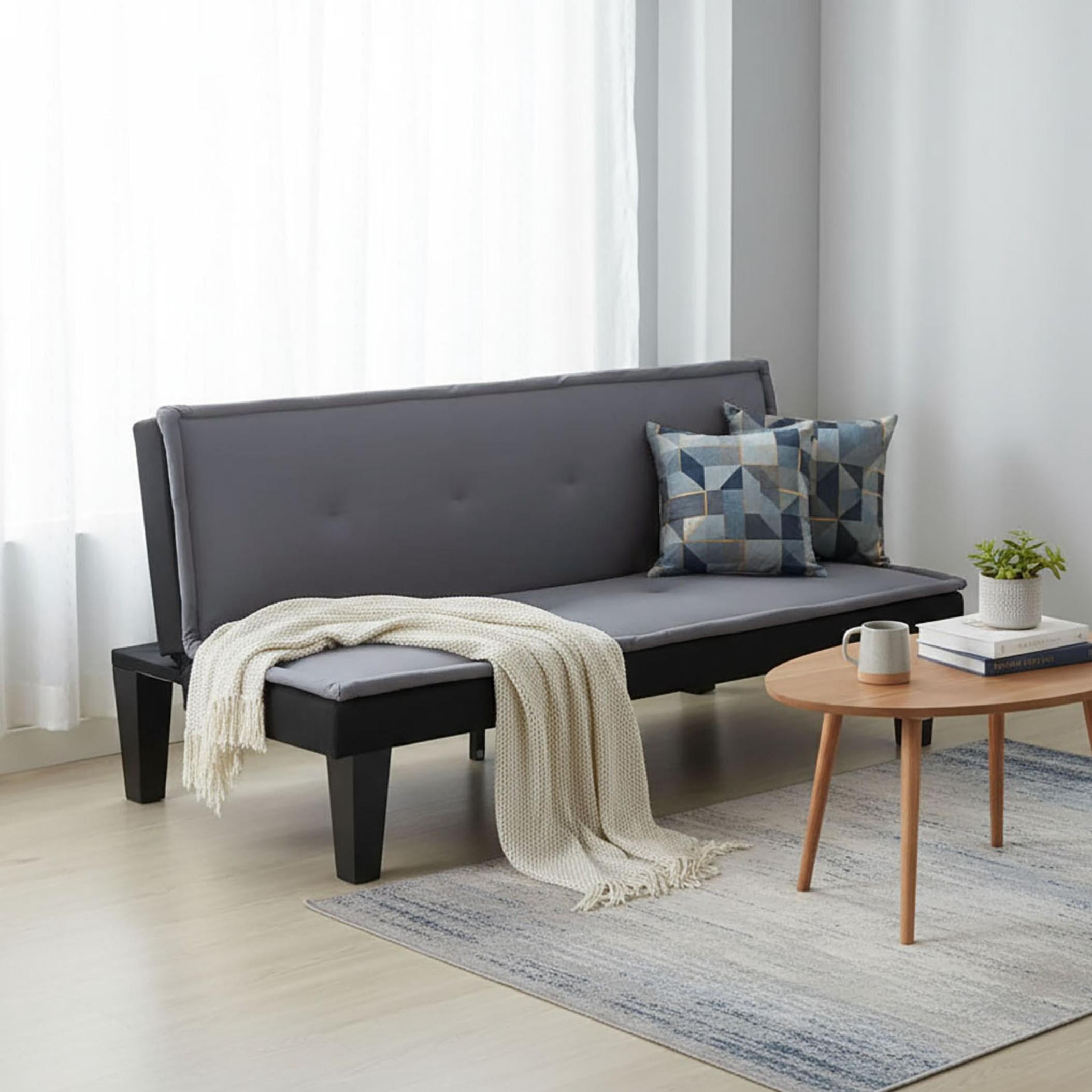 BSHTI 62.99" Faux Suede Upholstered Modern Futon Sofa Bed with Adjustable Back, Tufted Design for Living Room(Dark Gray)