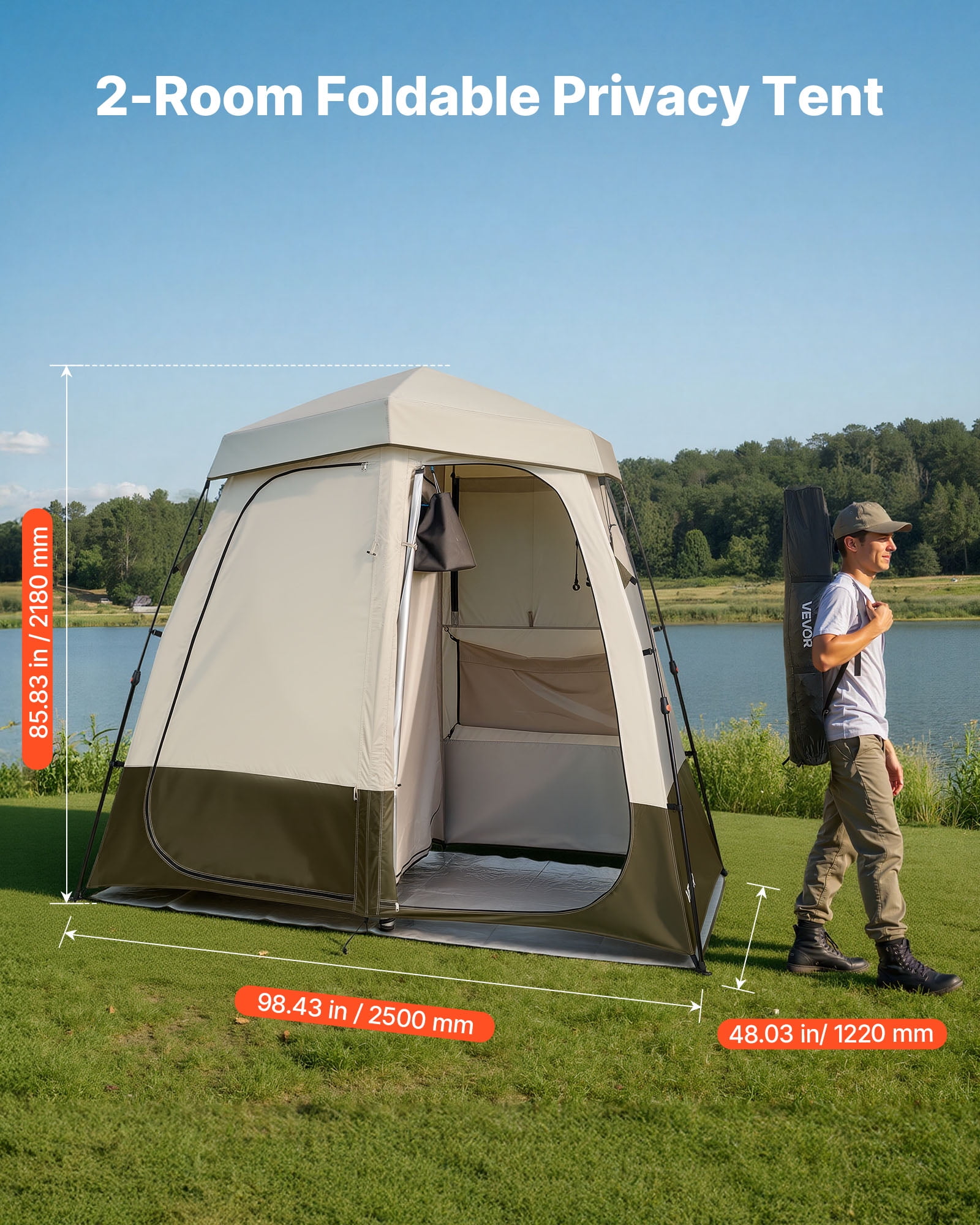 VEVOR Camping Shower Tent, 2-Room Foldable Privacy Tent Changing Room with Ground Stakes, Ropes, Carry Bag, and Crossbar, 150D Oxford Fabric with Silver Coating, for Camping, Beach, and Fishing