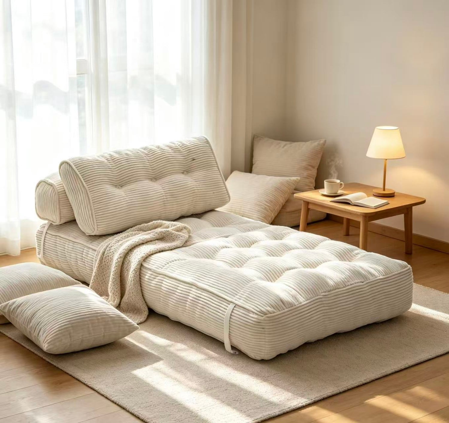 Folding Sofa Bed, Convertible Sleeper Chair Bed with Headrest & Lumbar Pillow, Foldable Floor Sofa Mattress for Living Room, Bedroom, Small Space, White