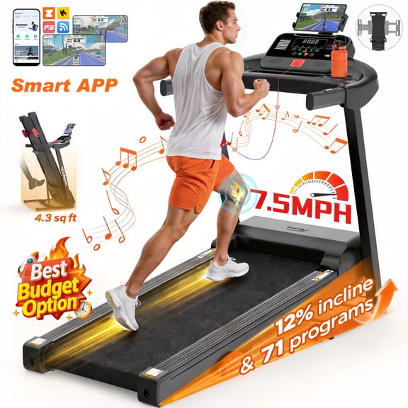 3.5HP Portable Folding Treadmill for Home&Office, LCD Display , 300 lbs Treadmill with Incline, 71 Programs, APP Control, Tablet Holder, 7.5MPH, Exercise Equipment for Walking, Jogging, Running