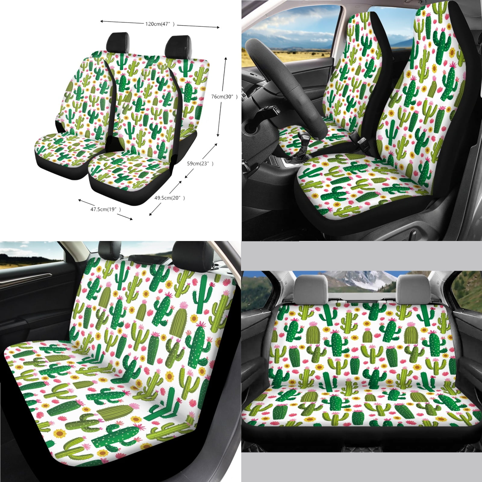 Jeiento Cactus Car Seat Cover for Women Men with Steering Wheel Cover Seatbelt Pads Handbrake Cover Gear Shift Knob Cover Trash Can Armrest Cover Rearview Mirror Cover Coasters 14pcs Auto Accessory