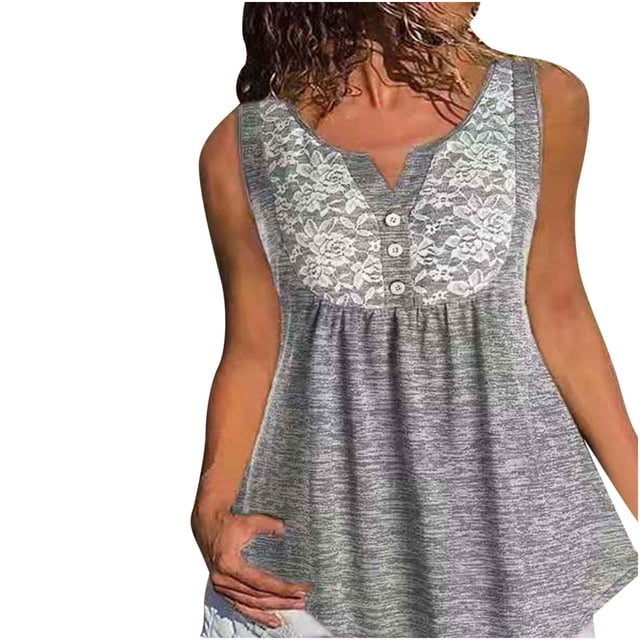Birdeem Mode Décontractée pour Femmes Col Rond Dentelle Sans Manches Boutons Hauts Blouse T-Shirt