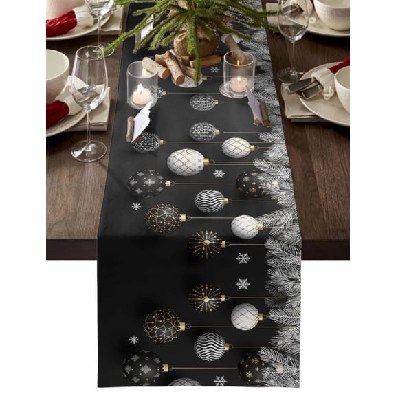 Christmas Table Runner Christmas Balls Black White Table Runners Pine Tree Branches Cotton Linen Dresser Scarf Kitchen Dining Table Decor for Christmas Holiday Party Decor 13x36 Inch