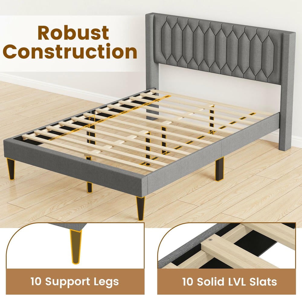 GVN Queen Size Sturdy Bed Frame with Wingback Headboard and Wooden Slat Support, Dutch Linen Fabric Upholstered Bedroom Platform Bed Frame for Apartment, Bedroom, Beige