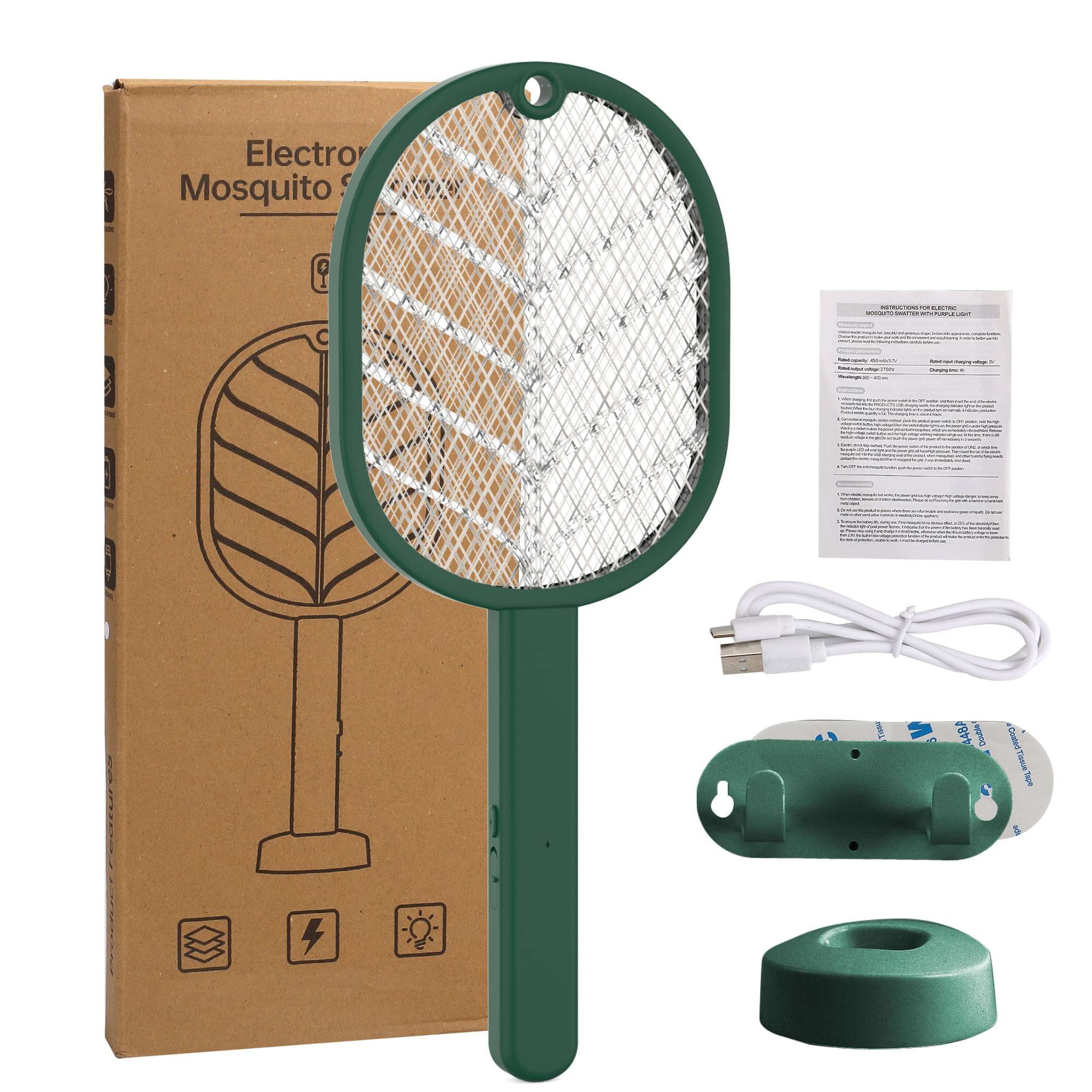 Gustave Electric Fly Swatter Bug Zapper Racket USB Rechargeable 2 in 1 Handheld 2700V Powerful Mosquito Killer Insect Trap Lamp for Indoor Outdoor "Green"